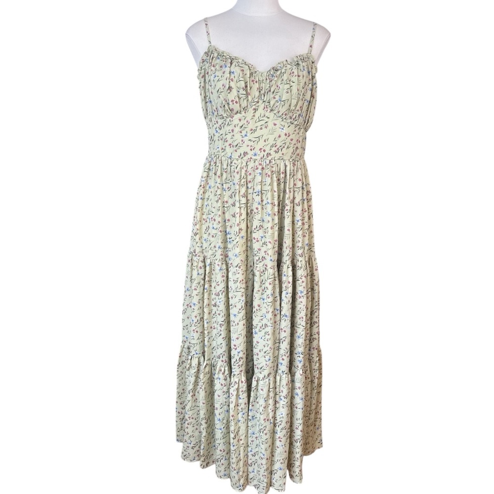 Lulus Spring Sensation Green Floral Print Tiered Maxi Dress Adjustable Straps L